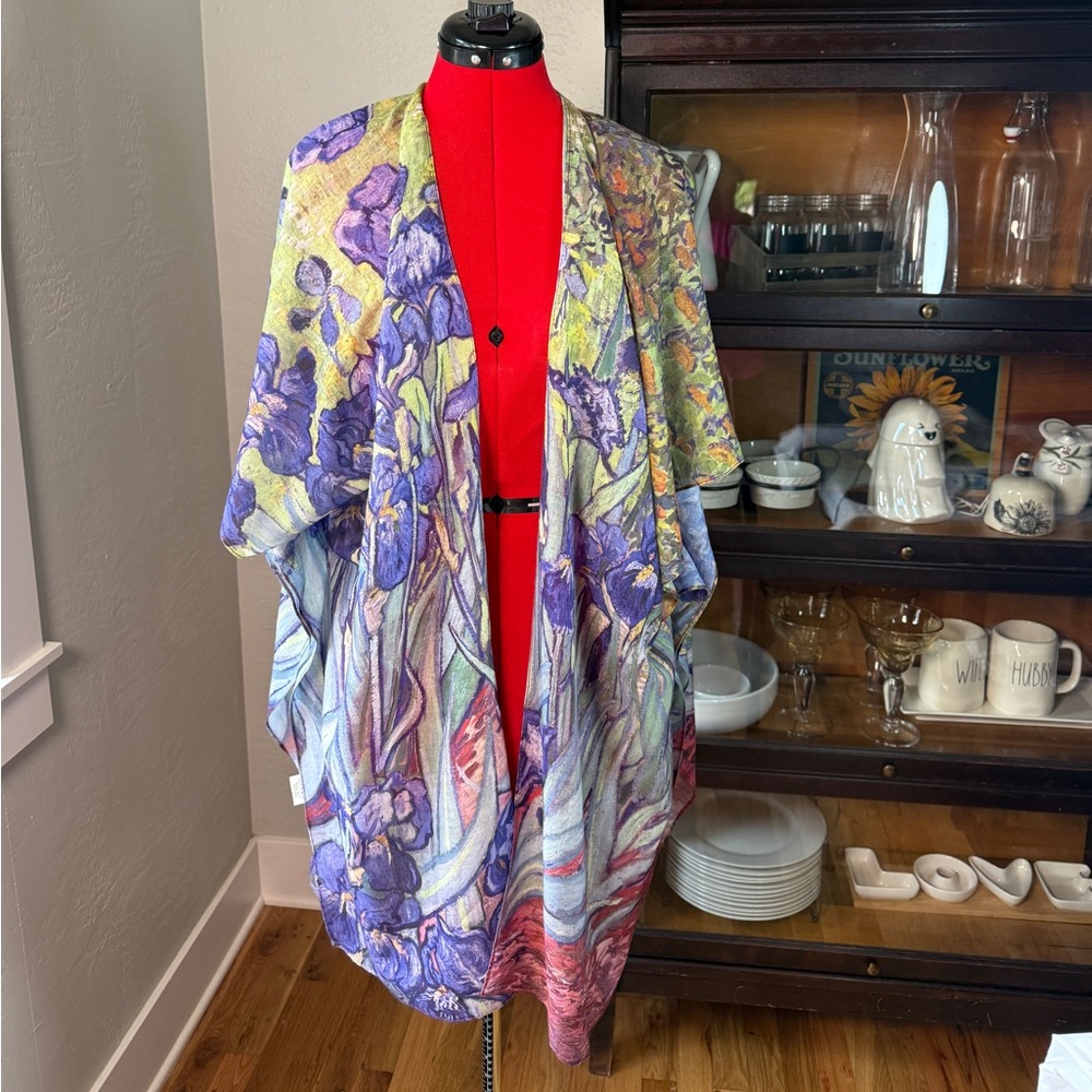 JG Sunny Kimono Cardigan Monet Inspired Irises Floral Print Cover Up One Size